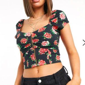 ASOS DESIGN corset with zip detail in rose print